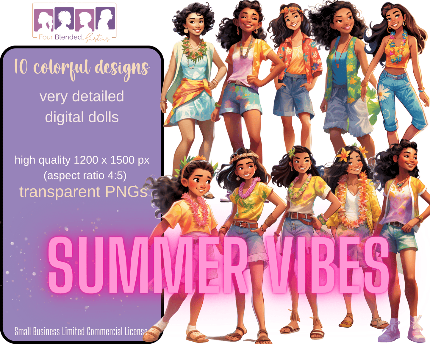 DIGITAL DOLLS CLIPART: SUMMER VIBES VOL 1 - Four Blended Sistas